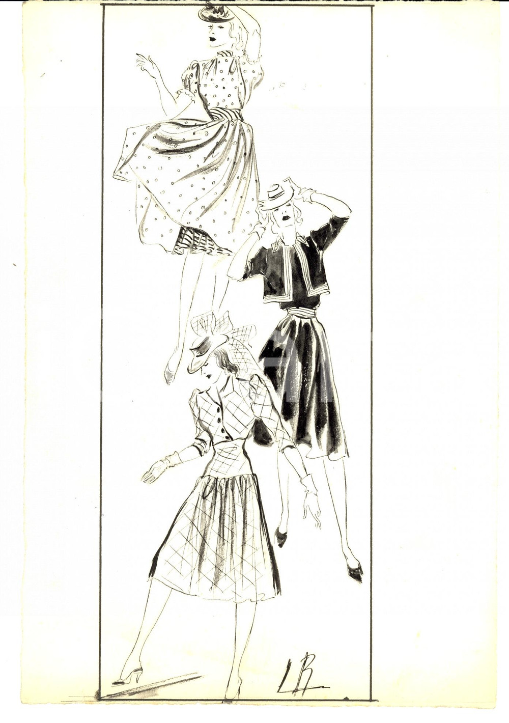 Stampa, bozzetto originale 1939 Moda donna ANNI  30 Abiti da giorno con cappelli Bozzetto AUTOGRAFO 1