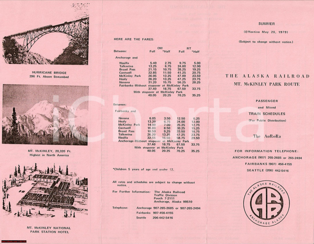 Materiale pubblicitario d’epoca 1979 ANCHORAGE Compagnia ferroviaria ALASKA Mt MCKINLEY Pieghevole 1