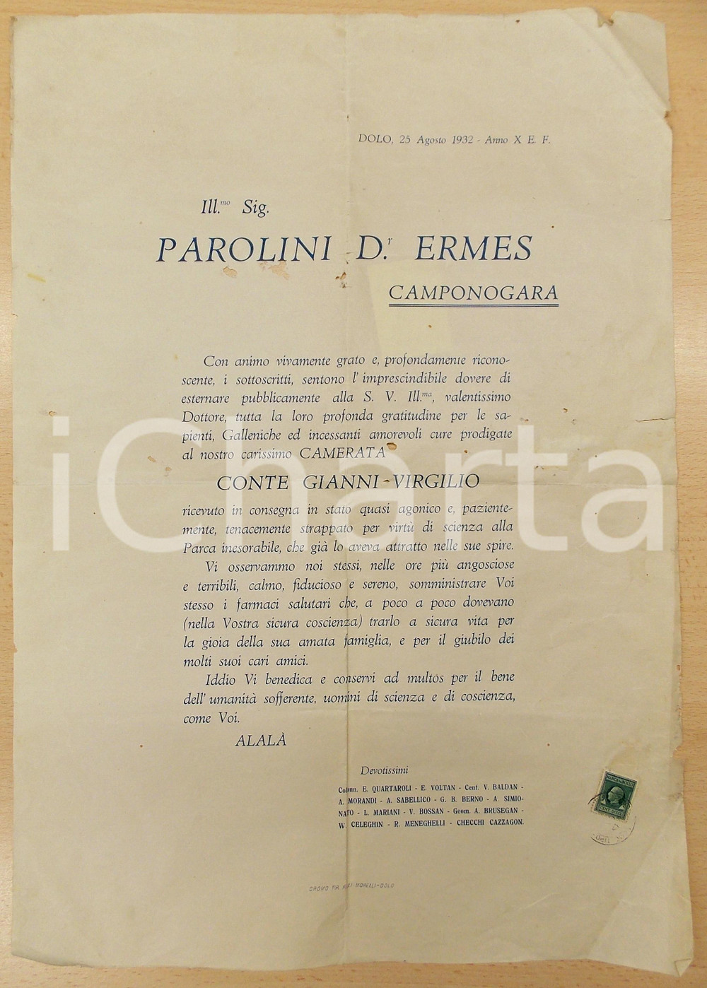 Documento originale, autentico 1932 DOLO VE A Ermes PAROLINI per cure a Gianni Virgilio CONTE Manifesto 35x50 1