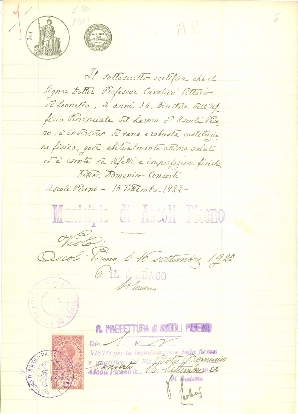 Documento originale, autentico 1922 ASCOLI PICENO Vittorio CAVALIERI Ã¨ di sana e robusta costituzione Documento 1