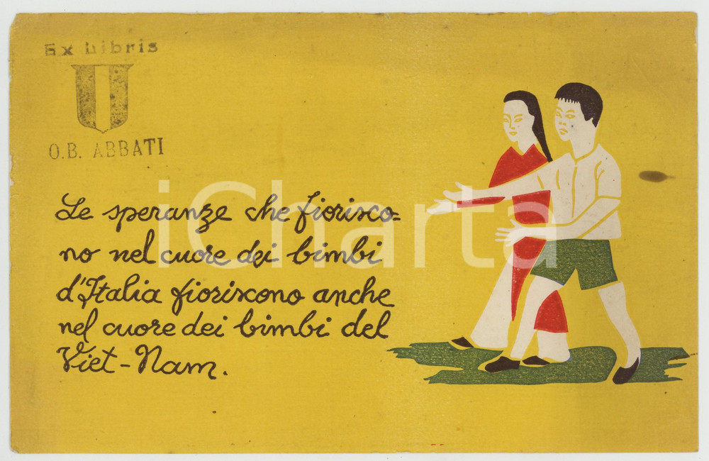 Materiale pubblicitario d’epoca 1940 ca CARTA ASSORBENTE Le speranze dei bimbi del VIETNAM ILLUSTRATA 20x13 1