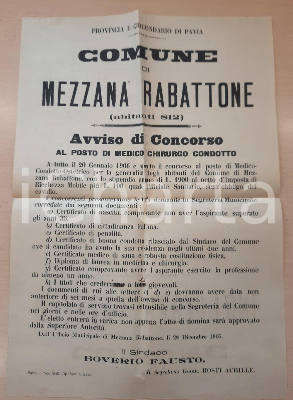 Documento originale, autentico 1905 MEZZANA RABATTONE (PV) Concorso per medico condotto MANIFESTO 1