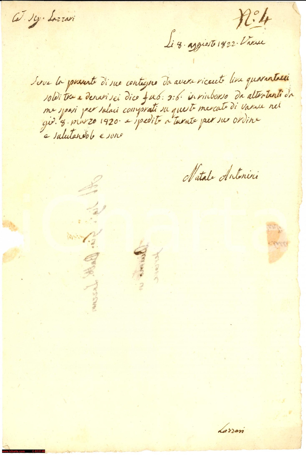 Documento originale, autentico 1822 VARESE Ricevuta Natale ANTONINI per salami comprati al mercato Documento 1