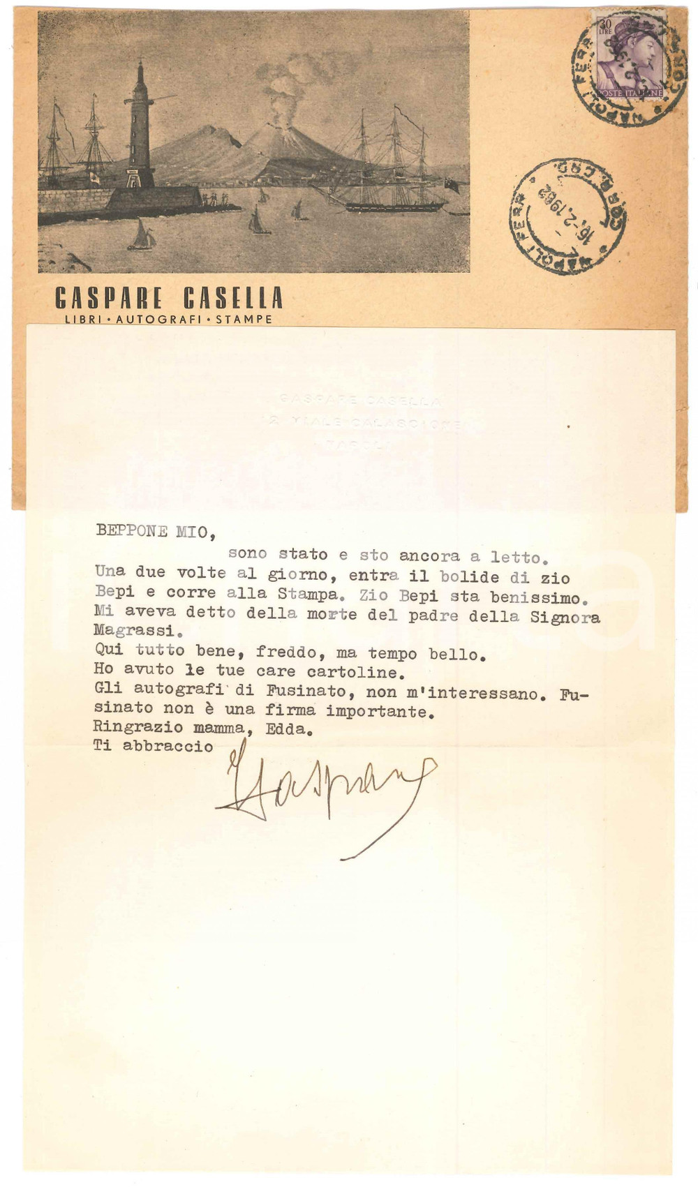 Autografo originale 1962 NAPOLI Libraio Gaspare CASELLA non interessato a Fusinato Autografo 1