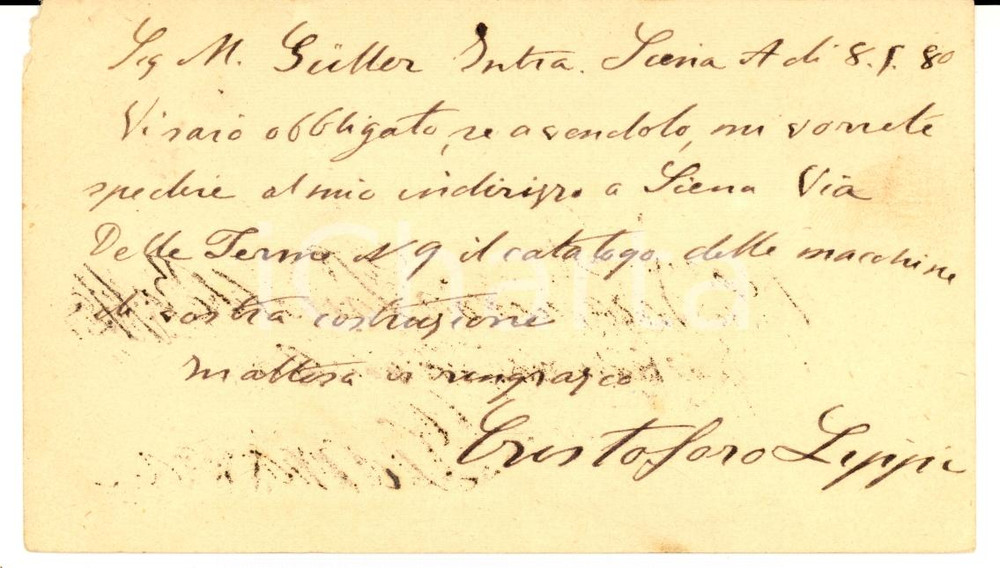 Documento originale, autentico 1880 SUNA VB Cristoforo LIPPI chiede catalogo a Melchiorre GULLER Cartolina 1