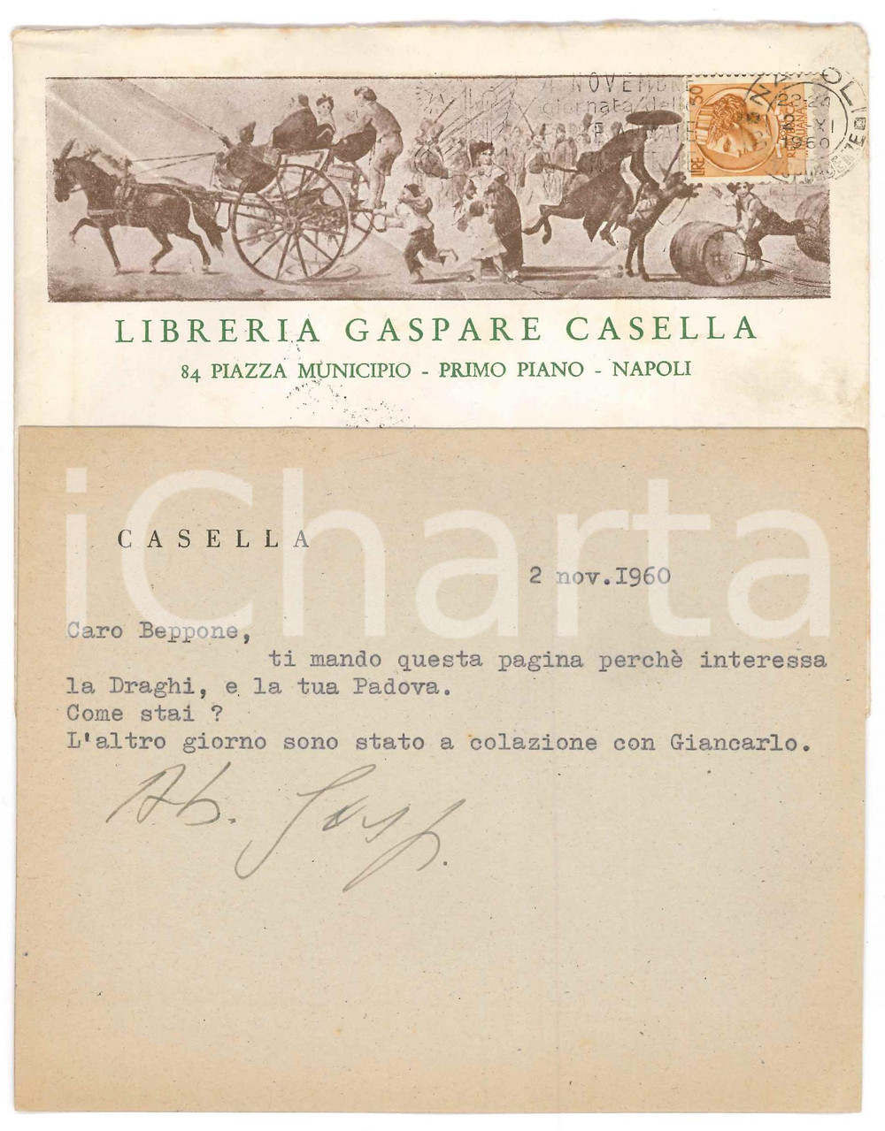 1960 NAPOLI Libraio antiquario Gaspare CASELLA - Biglietto a un amico ^AUTOGRAFO Biglietto dattiloscritto, con firma autografa, del celebre editore e libraio Gaspare Casella.Busta illustrata e viaggiata. GOOD/buono  Formato: 15x13 cm originale e autentica 1