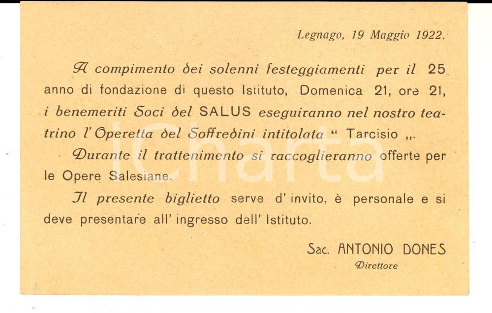Cartolina originale da collezione 1922 LEGNAGO (VR) Istituto SAN DAVIDE Invito per festa 25Â° anno fondazione 1