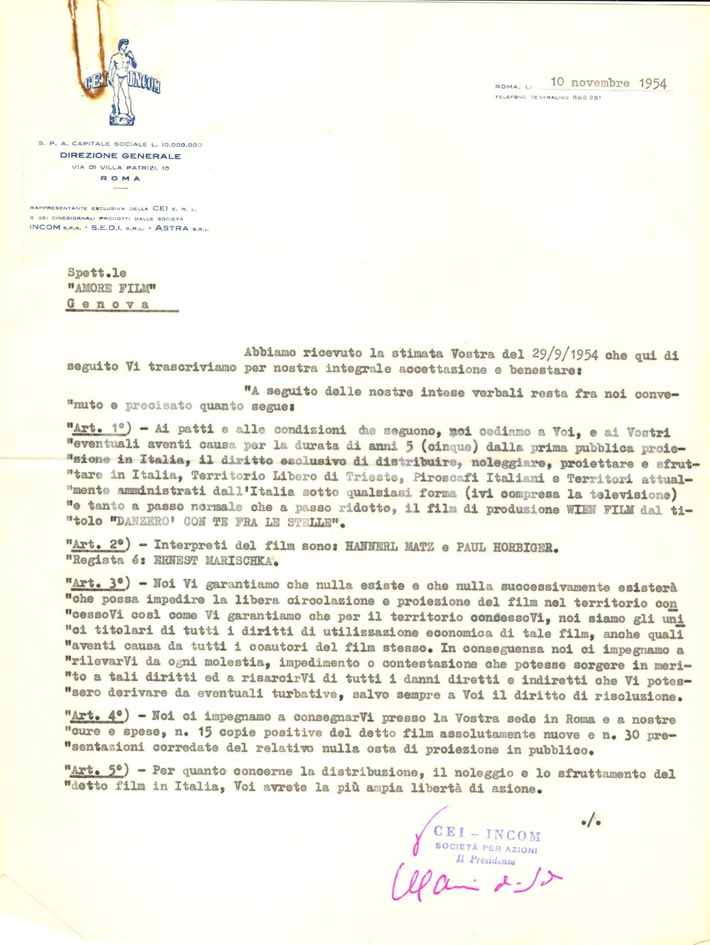 Manoscritto, lettera originale 1954 ROMA Ditta CEI INCOM cede diritti su film  Danzerò con te fra le stelle 1