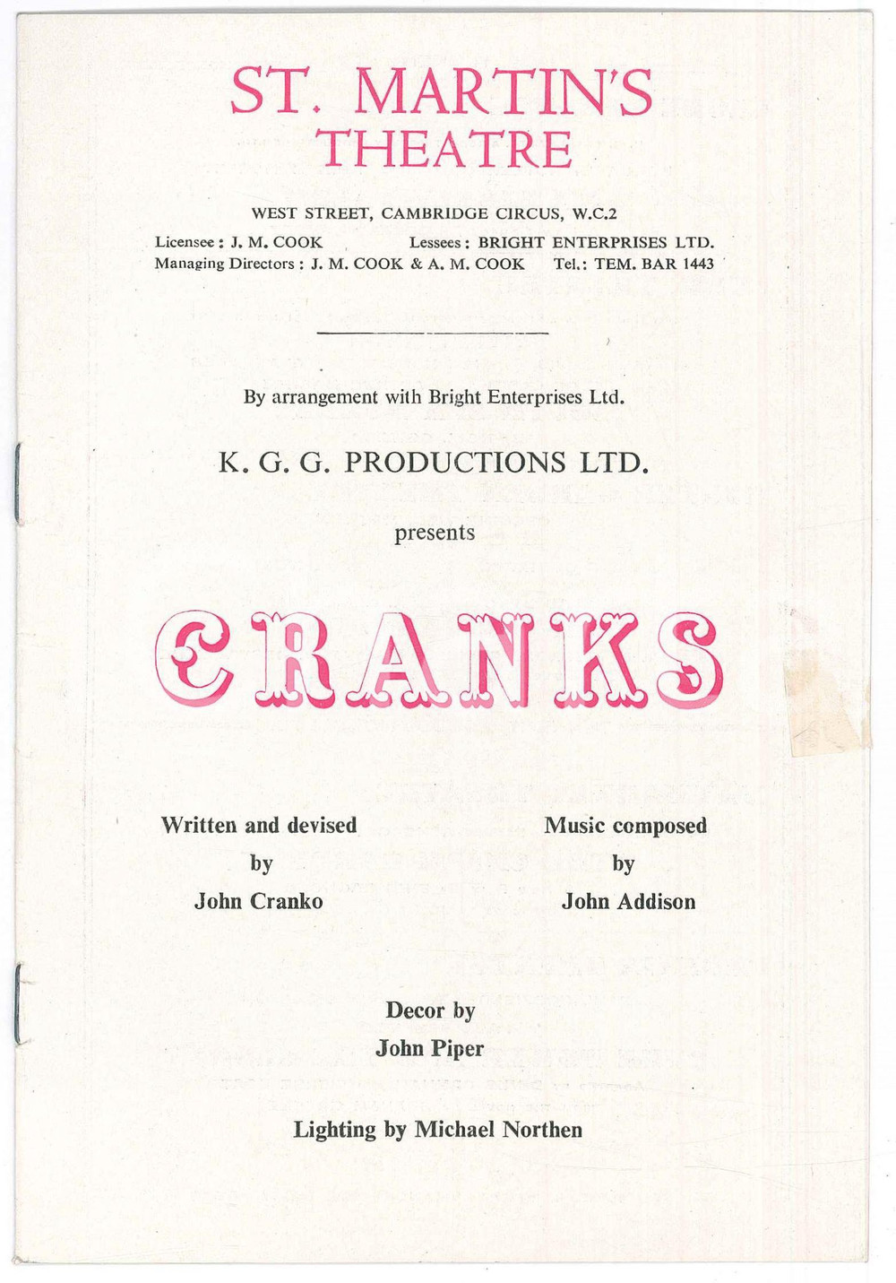 Materiale pubblicitario d’epoca 1955 LONDON  ST. MARTIN S THEATRE  John CRANKO Cranks Programme 1