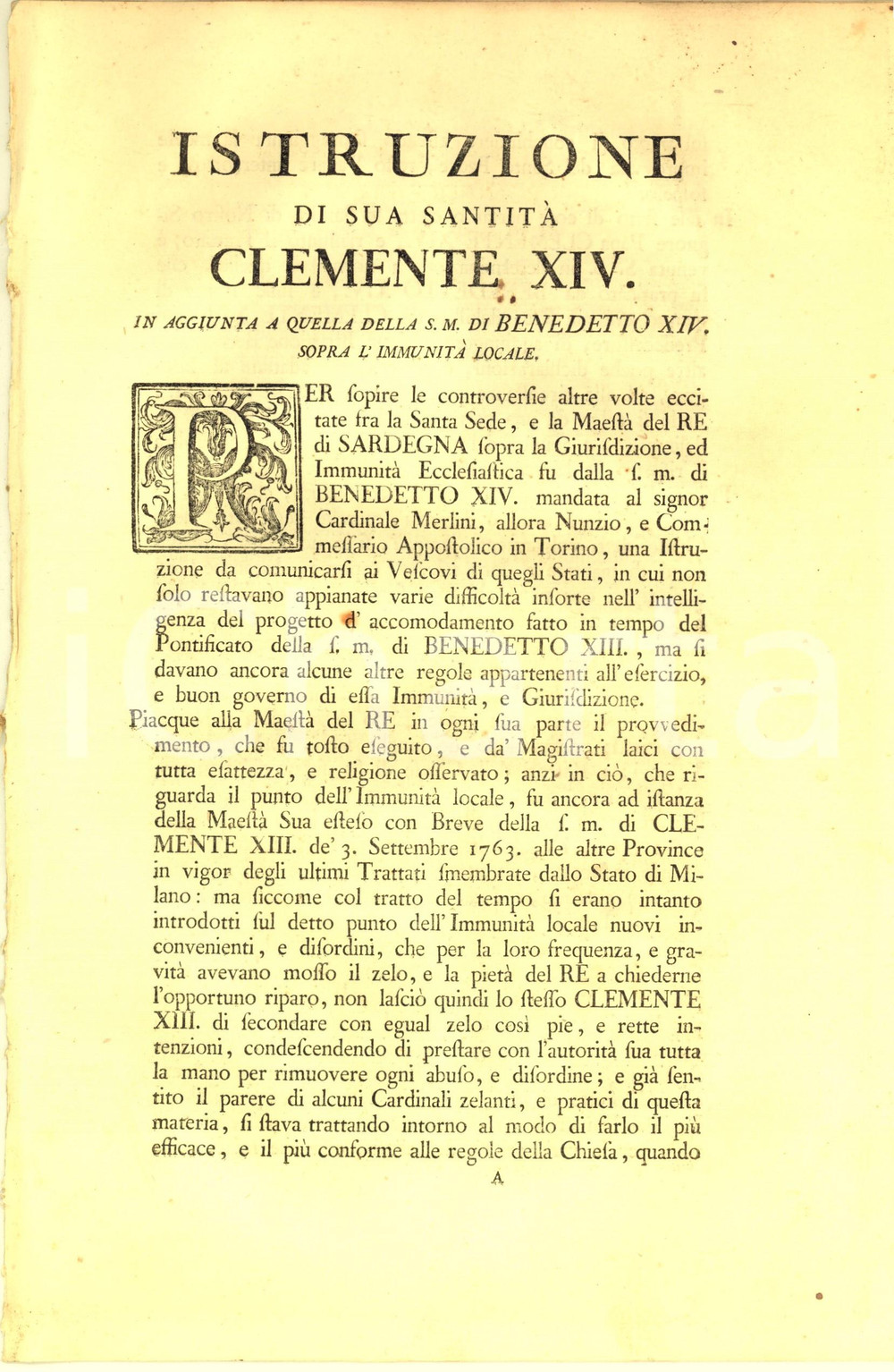 Documento originale, autentico 1770 TORINO Istruzione di Sua SantitÃ  CLEMENTE XIV sopra l immunitÃ  locale 1