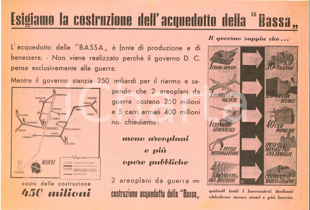 Materiale pubblicitario d’epoca 1951 MODENA PROPAGANDA POLITICA PCI Acquedotto BASSA DC pensa solo a guerra 1