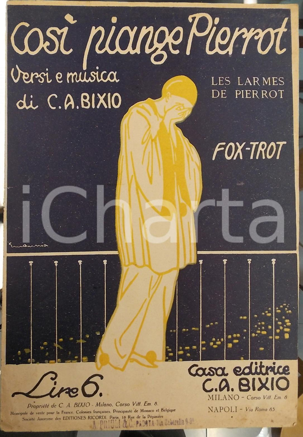 Oggetto da collezione cartaceo 1924 MILANO Cesare Andrea BIXIO CosÃ¬ piange Pierrot  Foxtrot Spartito 1