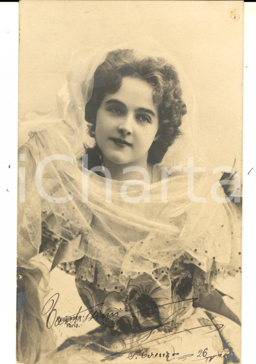 Cartolina originale da collezione 1904 Ritratto di giovane attrice con il velo *Cartolina VINTAGE REUTLINGER 1