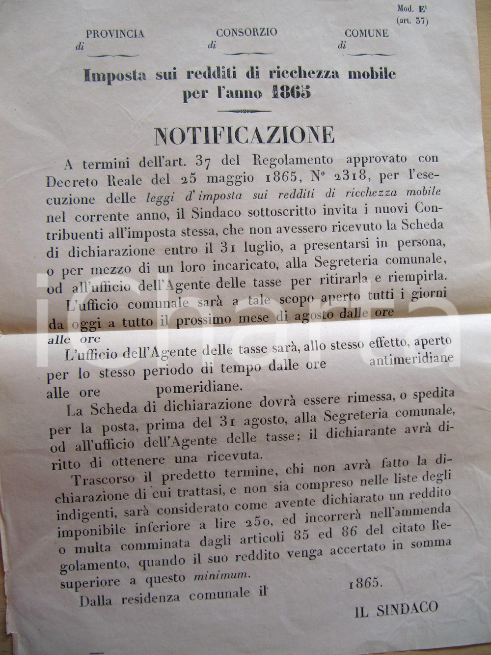 Documento originale, autentico 1865 ROMA Redditi da ricchezza mobile per l'anno 1865 Manifesto 1