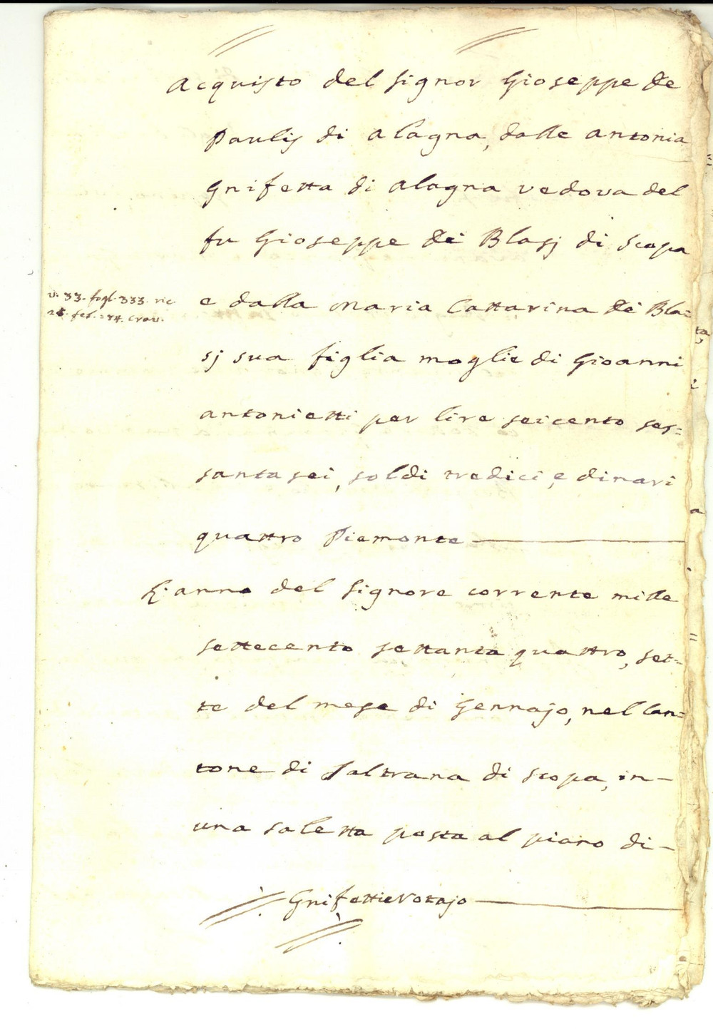 Documento originale, autentico 1774 ALAGNA VALSESIA VC Giuseppe DE PAOLIS acquista campo di Antonia GNIFETTA 1