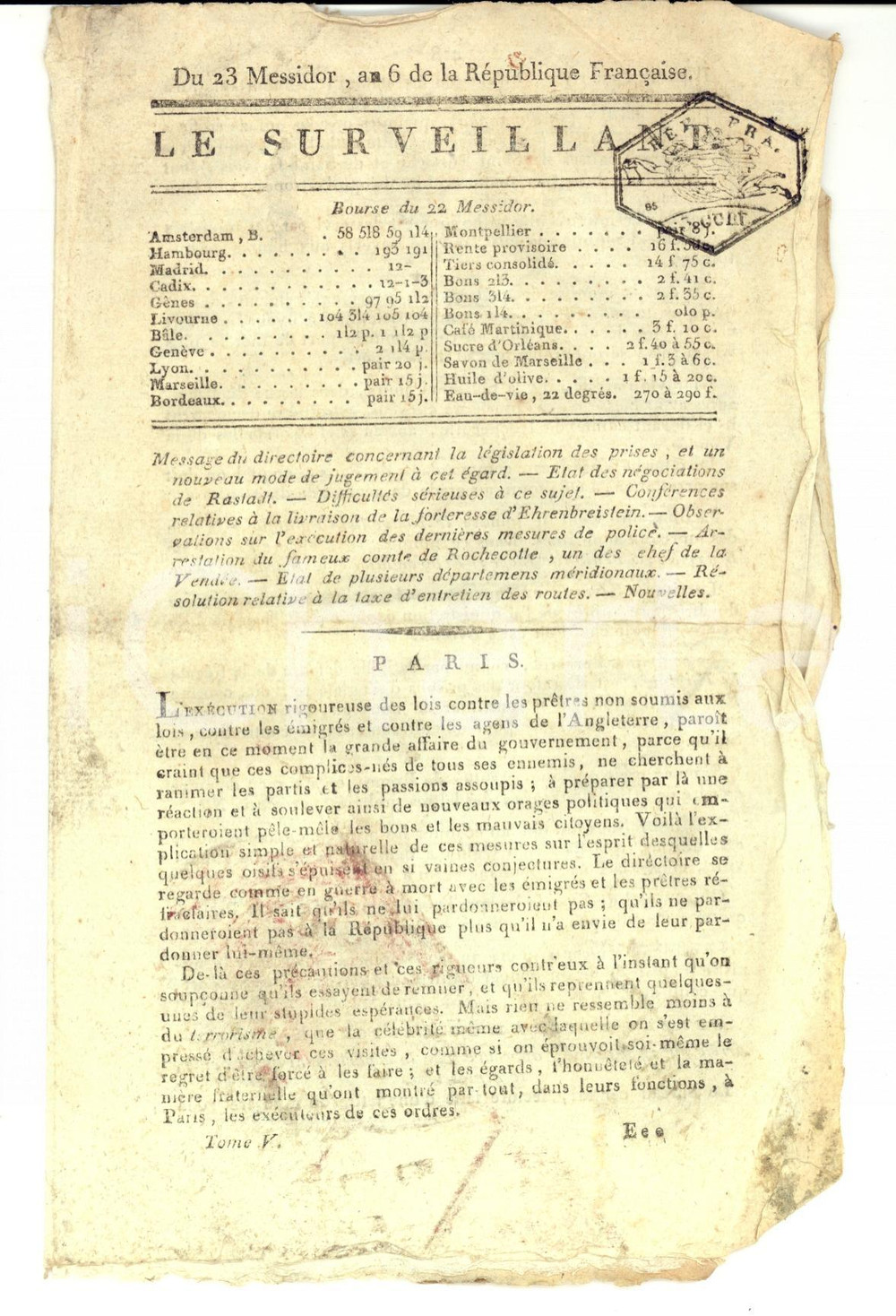 Giornale, rivista storica 1798 LE SURVEILLANT Gazette REVOLUTION Arresto conte di ROCHECOTTE VANDEA 1