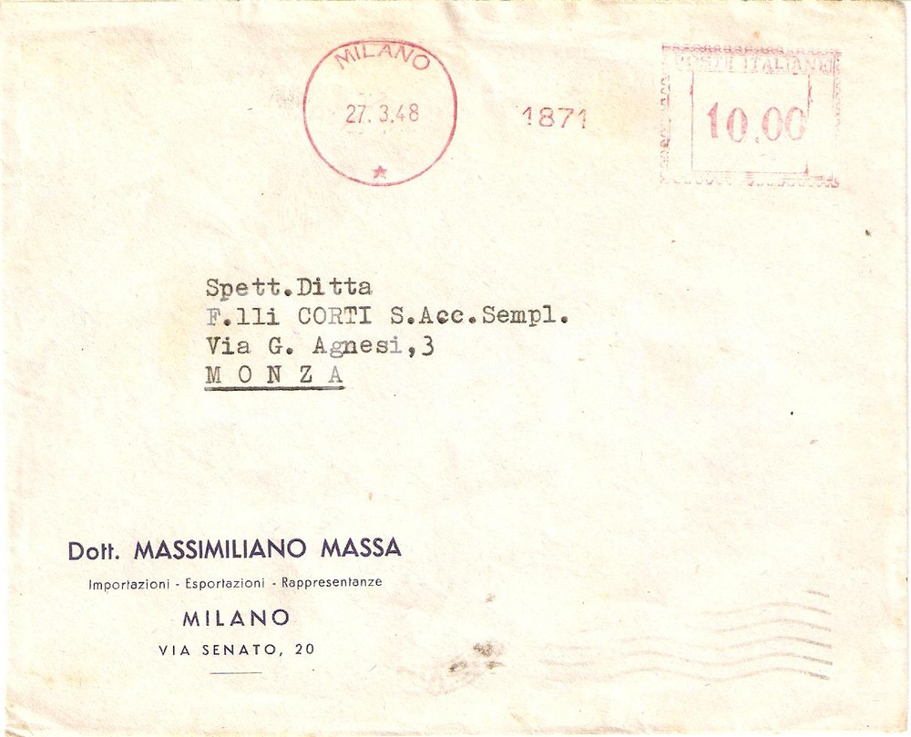 Materiale pubblicitario d’epoca 1948 MILANO Massimiliano MASSA importazioni esportazioni Busta intestata 1