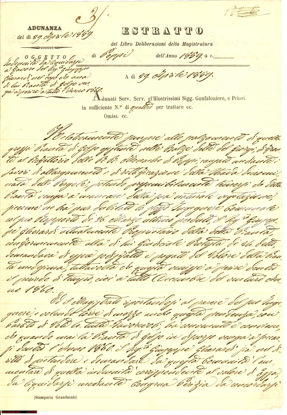 Documento originale, autentico 1859 POPPI (AR) Giuseppe GHERARDI indennizzo per gelso 1