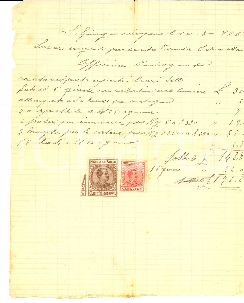 Documento originale, autentico 1926 SAN GIORGIO DI NOGARO UD Lavori tenuta SELVA MONDA  Officina CODOGNATO 1