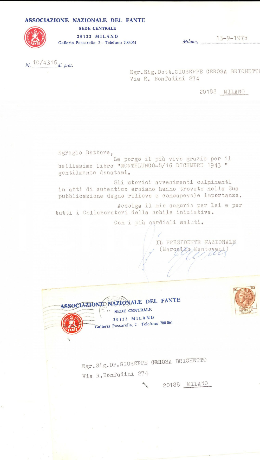 Autografo originale 1975 MILANO Associazione Nazionale Fante  Lettera presidente Marcello MANTOVANI 1