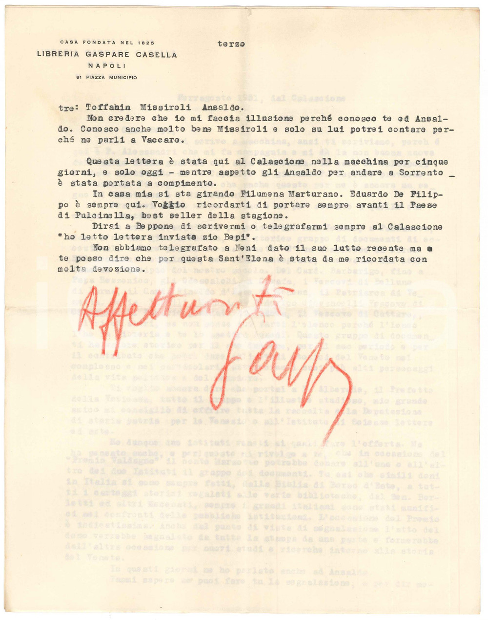 Autografo originale 1951 NAPOLI Lettera Gaspare CASELLA su acquisto di documenti veneti Autografo 1