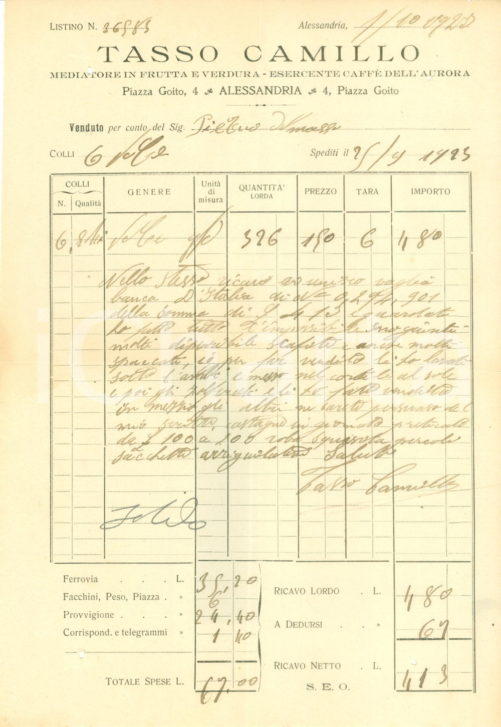 Documento originale, autentico 1923 ALESSANDRIA Camillo TASSO Mediatore in frutta e verdura CaffÃ¨ dell AURORA 1