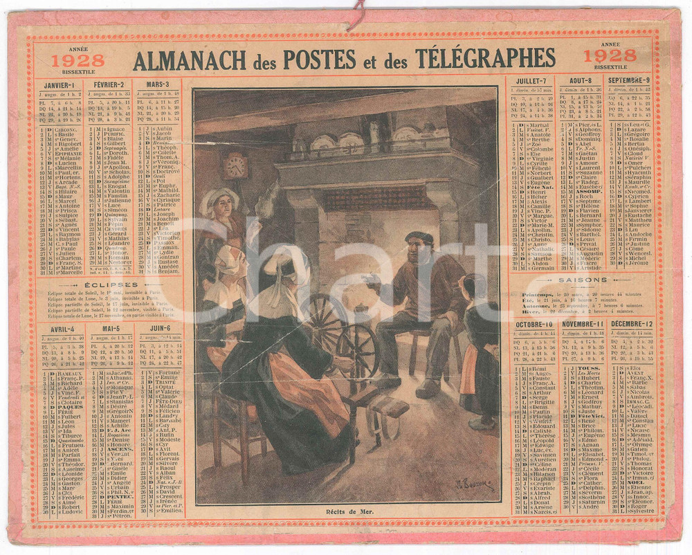 Oggetto da collezione cartaceo 1928 Almanach des postes et des tÃ©lÃ©graphes  Calendario su cartoncino 26x21 cm 1