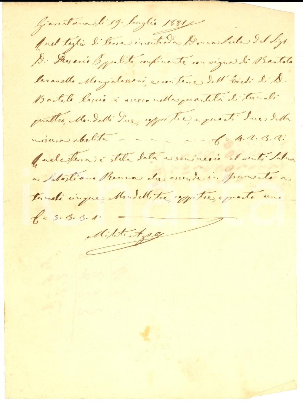 Documento originale, autentico 1881 GIARRATANA Agrimensore MILITO su terra seminata in contrada DONNA SCALA 1
