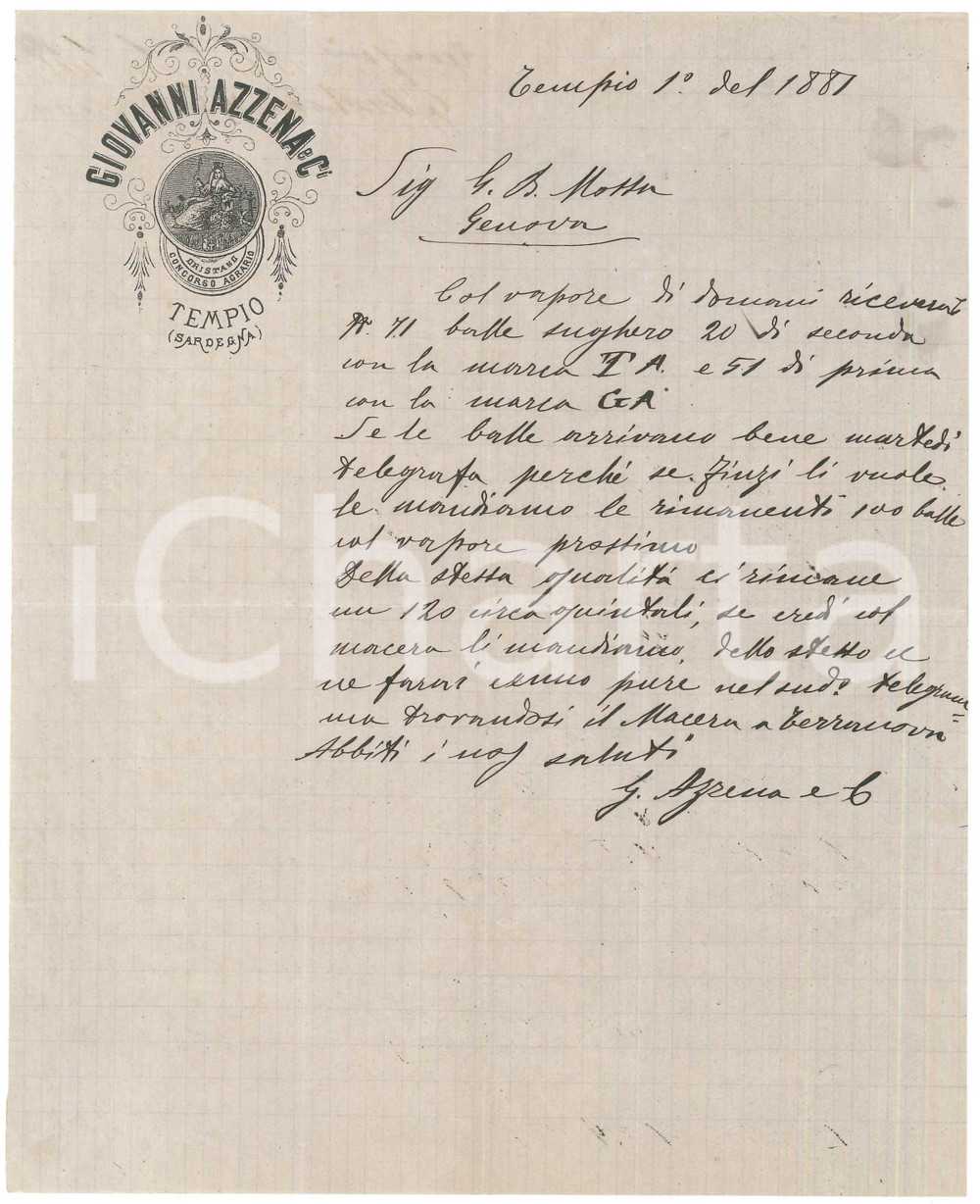 Documento originale, autentico 1881 SARDEGNA TEMPIO PAUSANIA  Giovanni AZZENA  Lettera invio balle sughero 1