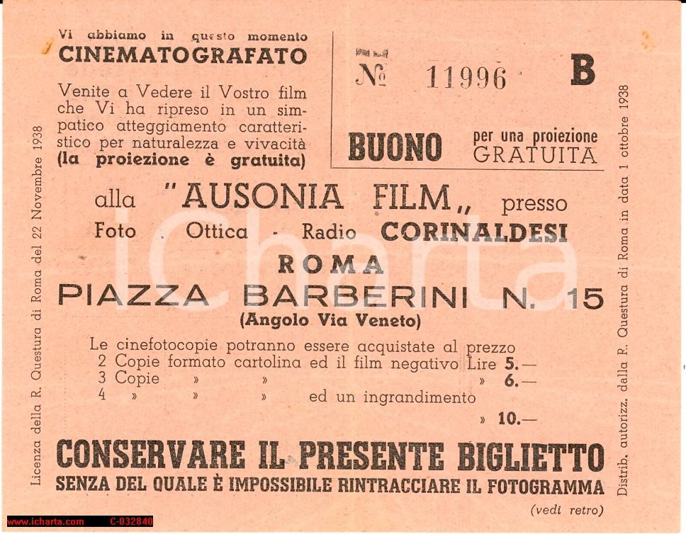 Materiale pubblicitario d’epoca 1938 ROMA Ausonia Film - Proiezione Gratuita 1