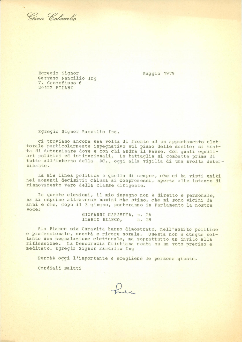 Materiale pubblicitario d’epoca 1979 MILANO ELEZIONI POLITICHE DC Gino COLOMBO Giovanni CARAVITA Ilario BIANCO 1