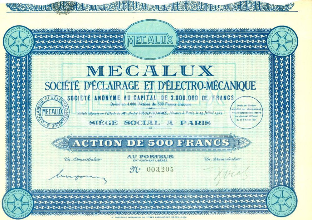 Oggetto da collezione cartaceo 1931 PARIS Mecalux SociÃ©tÃ© d Eclairage et d ElectroMÃ©canique Action 500 Francs 1
