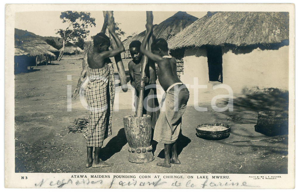 1930 ca CONGO BELGE - LAKE MWERU Atawa maidens pounding corn at Chienge Postcard  Cartolina postale d'epoca, non viaggiata.CONDIZIONI: GOODFORMATO: FP    originale e autentica 1