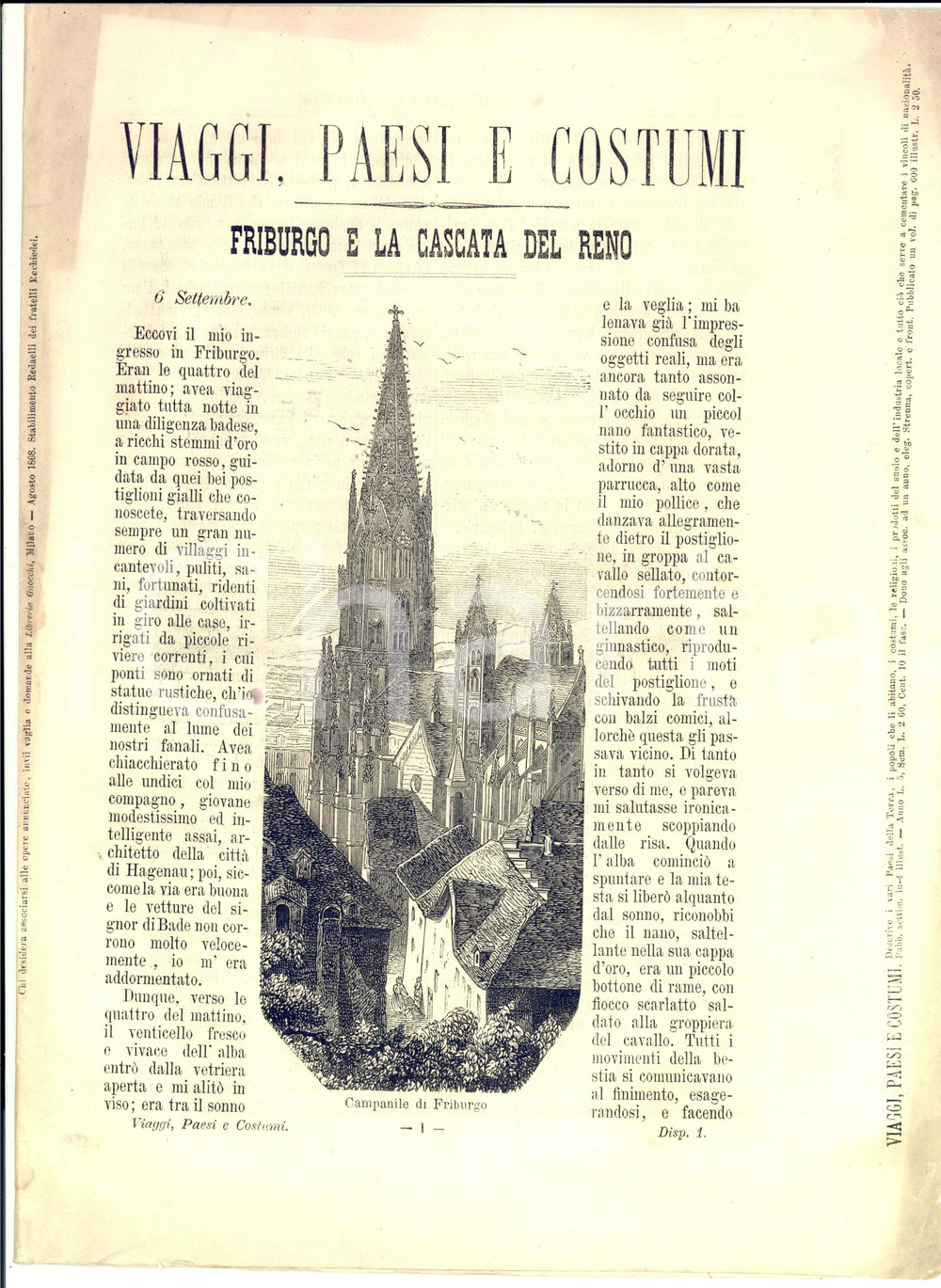 Giornale, rivista storica 1868 Victor HUGO Viaggi, paesi e costumi  Friburgo e la cascata del Reno 1