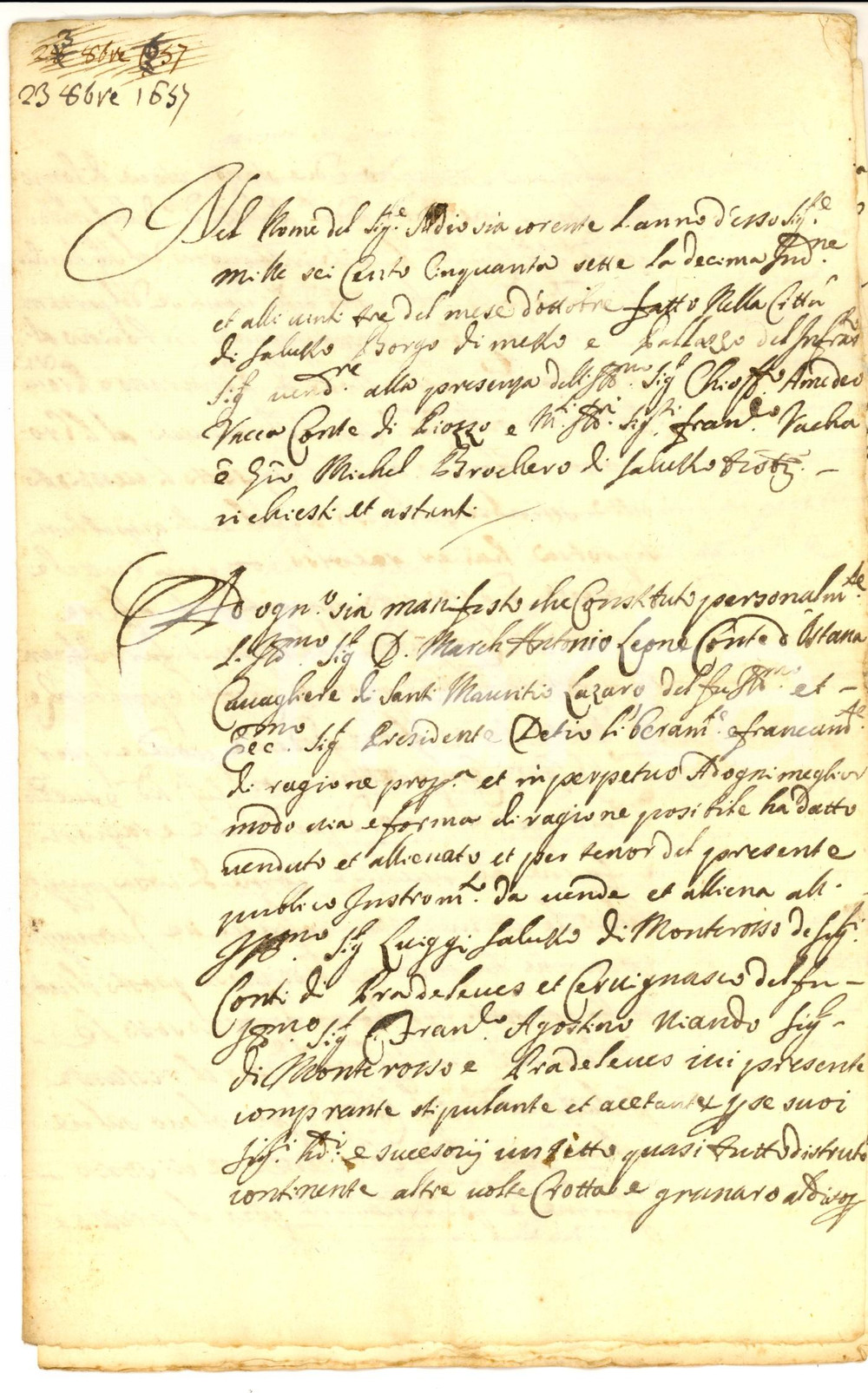 Documento originale, autentico 1657 SALUZZO CN Marcantonio LEONE vende stabili a Luigi SALUZZO di MONTEROSSO 1