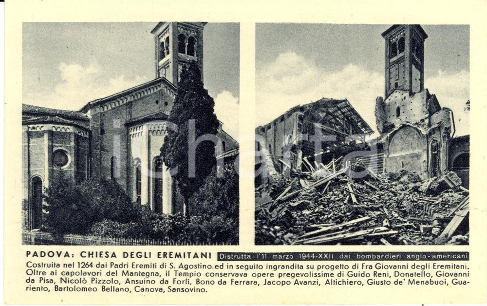 Cartolina originale da collezione 1944 PROPAGANDA RSI PADOVA Chiesa Eremitani distrutta dai bombardieri Cartolina 1