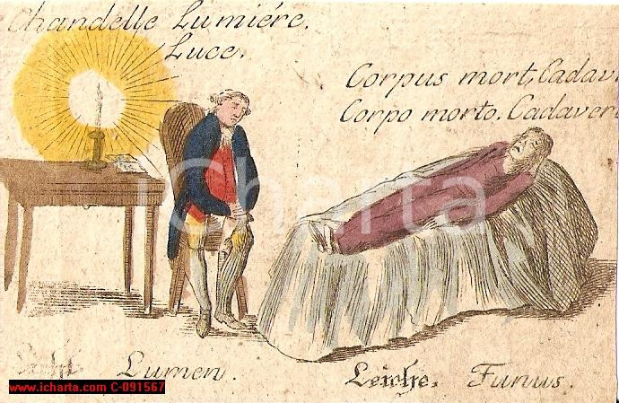Stampa, bozzetto originale 1780 circa NOBILE VEGLIA CADAVERE lugubre figurina colorata a mano 1