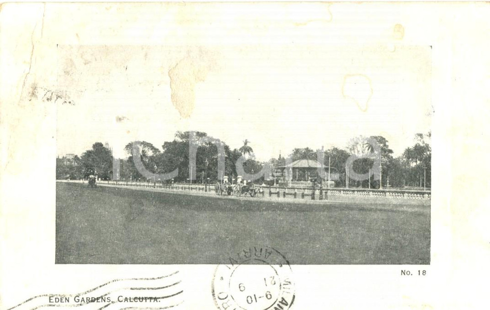 Cartolina originale da collezione 1921 CALCUTTA (INDIA) Eden Gardens con carrozze *Cartolina animata FP VG 1