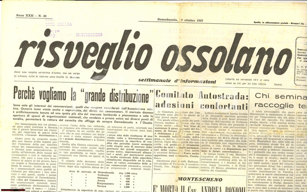 Giornale, rivista storica 1967 RISVEGLIO OSSOLANO Settimanale n. 40 1