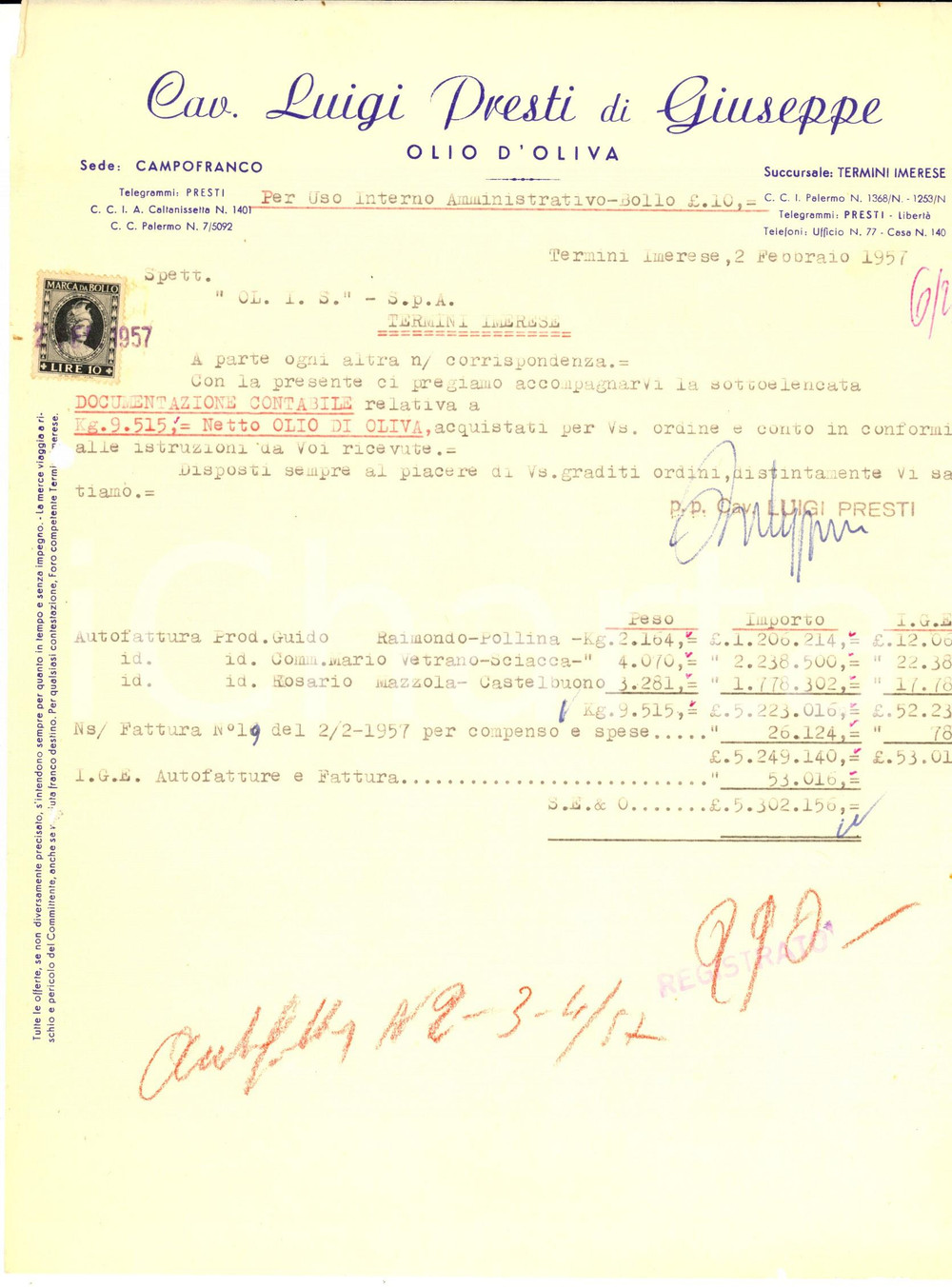 Documento originale, autentico 1957 TERMINI IMERESE (PA) Cav. Luigi PRESTI Olio d'oliva *Lettera commerciale 1