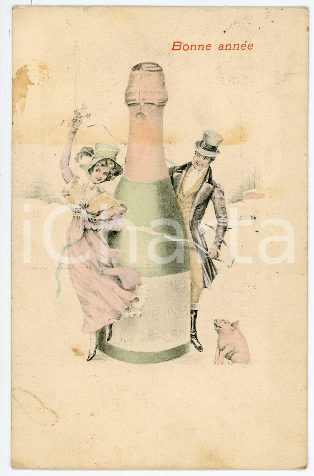 1907 BONNE ANNÉE Man and woman dancing with a bottle - Postcard  Cartolina postale d'epoca, viaggiata.CONDIZIONI: F (lievi piegature angolari e macchie al verso)FORMATO: FP    originale e autentica 1