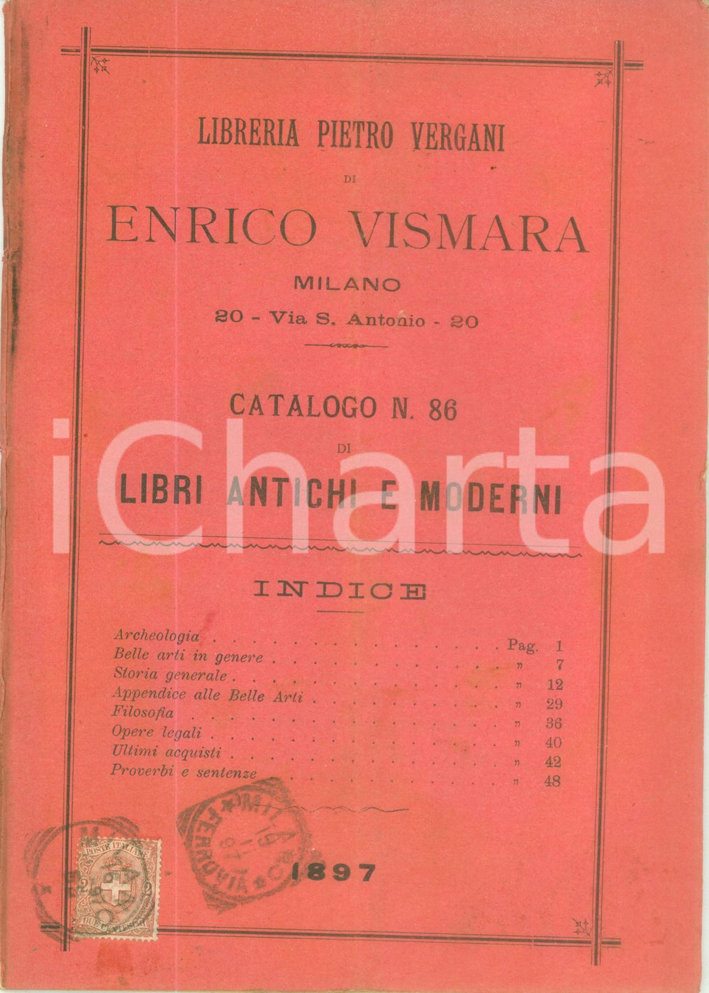 Libro, pubblicazione d epoca 1897 MILANO Libreria Pietro VISMARA di Enrico VISMARA Catalogo n. 86 1