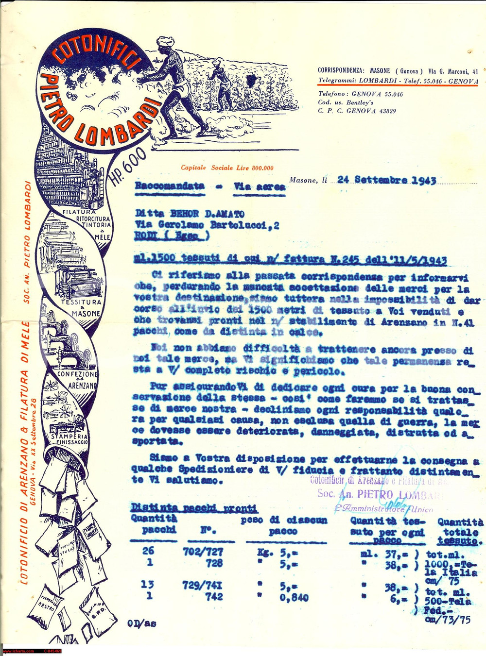 Documento originale, autentico 1943 MASONE GE Cotonifici LOMBARDI guerra in Grecia LETTERA 1
