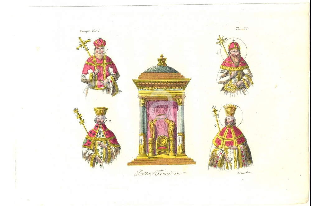 Stampa, bozzetto originale 1823 FERRARIO COSTUME EUROPEO Scettri, troni  Incisione SASSO Colorata a mano 1