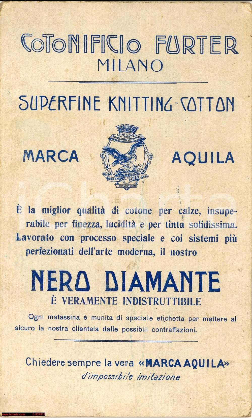 Materiale pubblicitario d’epoca 1940 MILANO COTONIFICIO FURTER Cartoncino pubblicitario 1