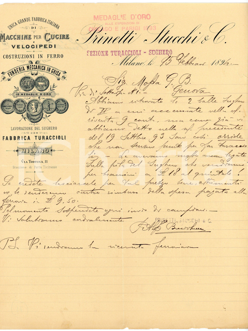 1894 MILANO Fabbrica PRINETTI STUCCHI Lavorazione sughero - Lettera commerciale Lettera commerciale d'epoca, su carta intestata, manoscritta, illustrata. CONDIZIONI: POOR (piegature d'epoca, piccoli strappi al margine inferiore)PAGINE: 1    originale e autentica 1