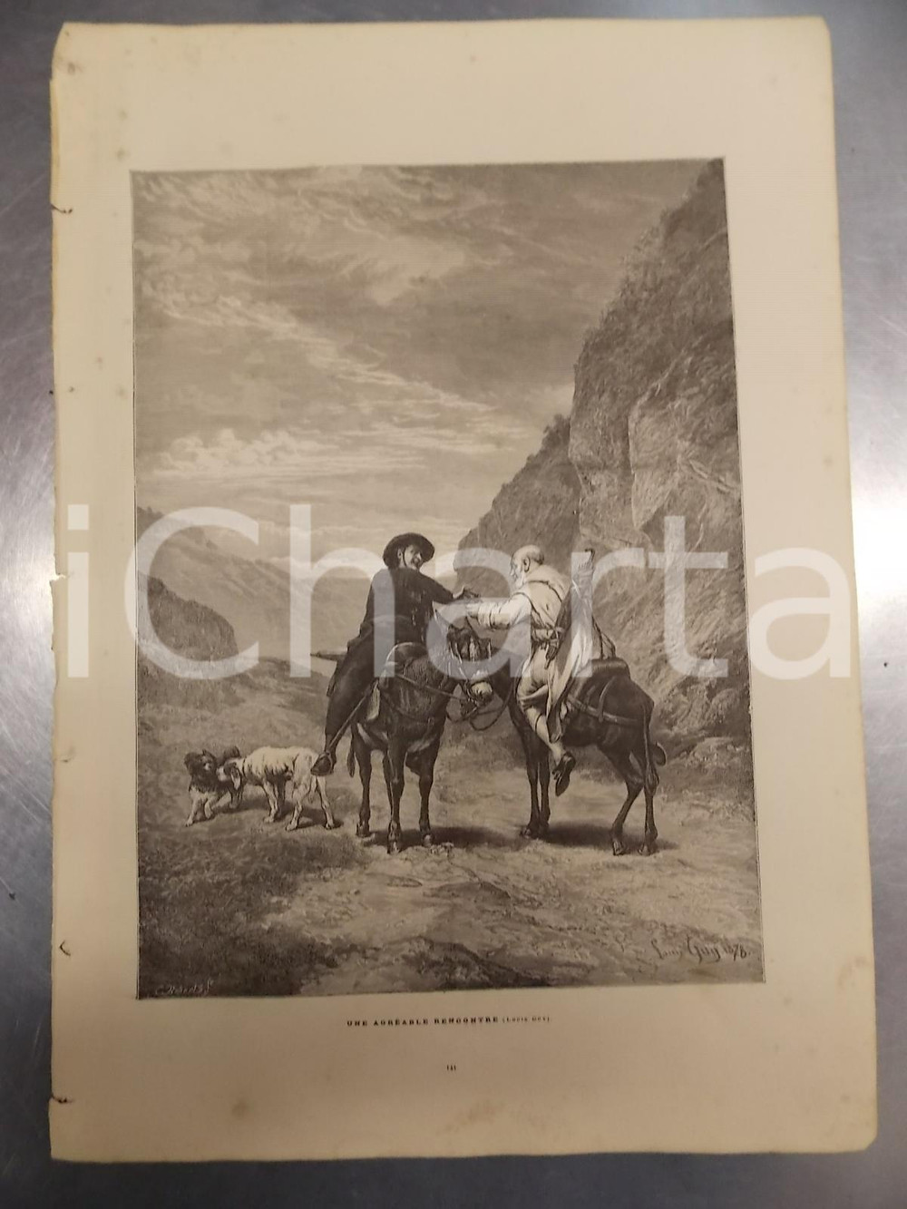 Stampa, bozzetto originale 1886 LES MERVEILLES DE L ART MODERNE Louis GUY Une agréable rencontre Stampa 1