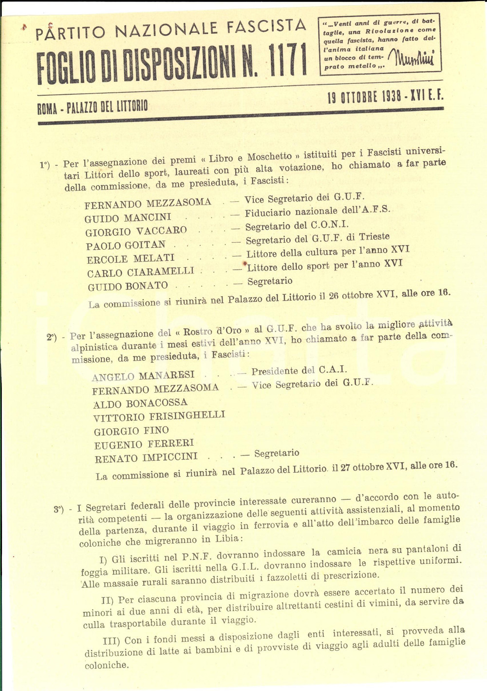 Documento originale, autentico 1938 PNF Commissioni ROSTRO D'ORO - LIBRO E MOSCHETTO *Foglio disposizioni 1171 1