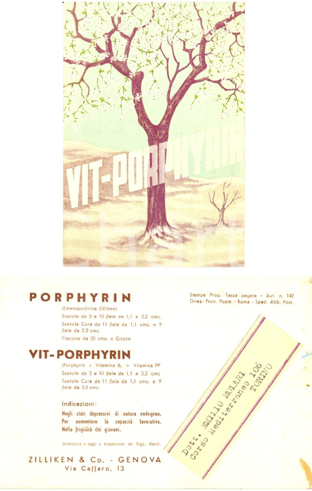 Cartolina originale da collezione 1930 ca GENOVA Farmaci ZILLIKEN & Co. VITPORPHYRIN Pubblicitaria illustrata 1