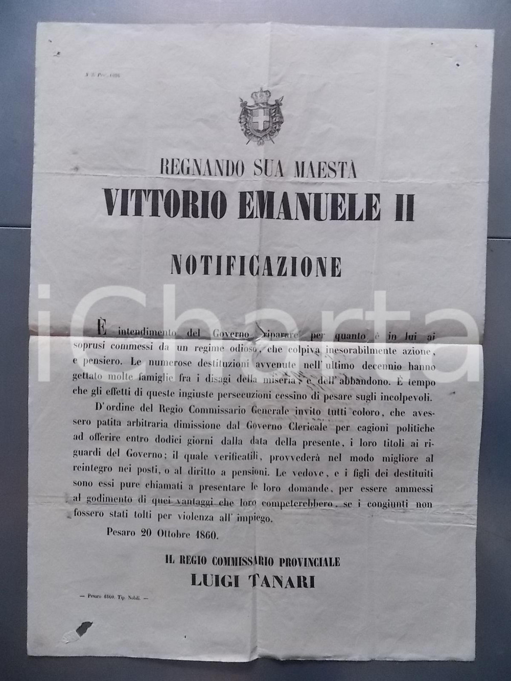 Documento originale, autentico 1860 PESARO Vittorio Emanuele II risarcisce epurati dello STATO PONTIFICIO 1